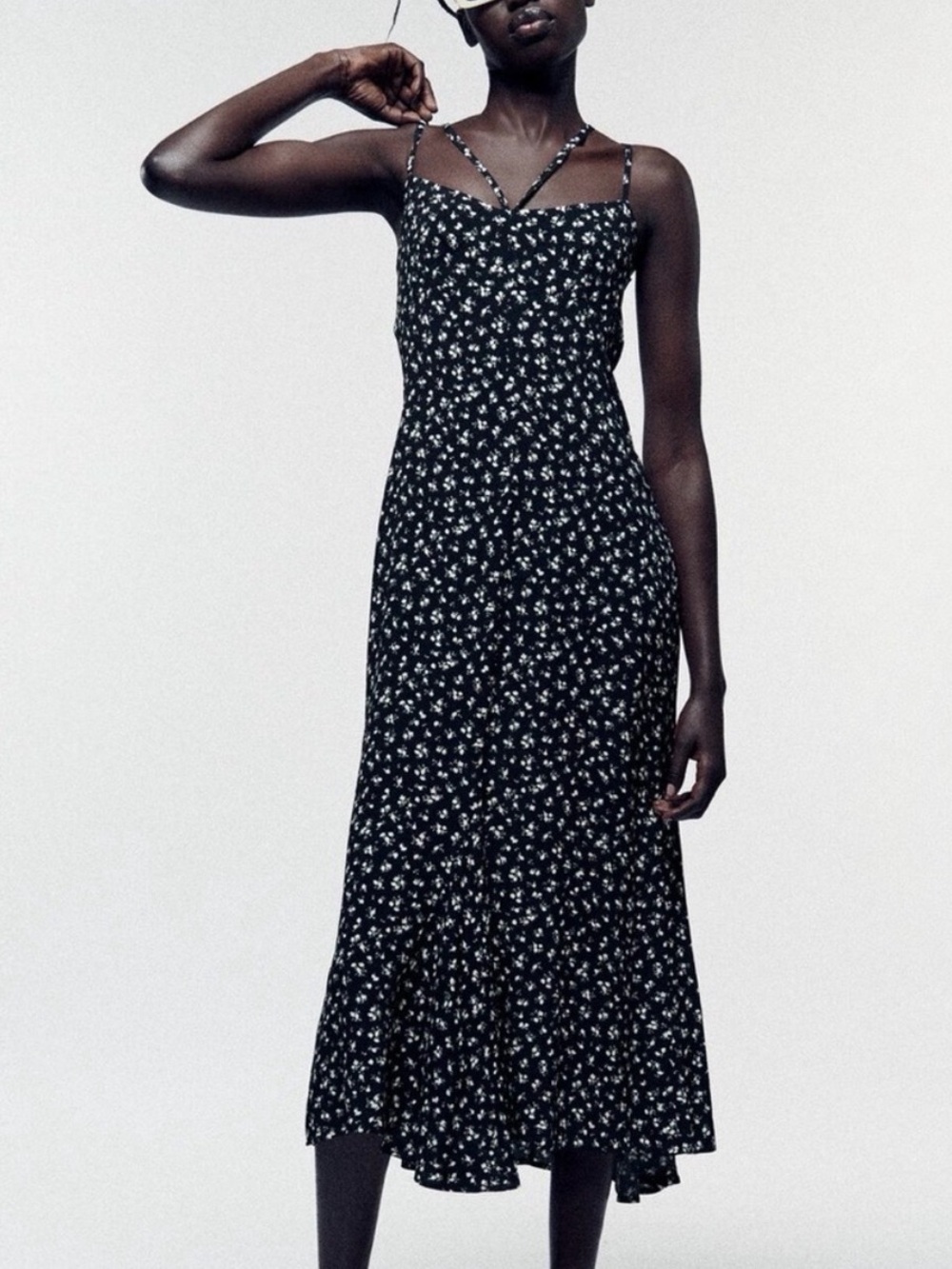 Zara Black Floral Midi Dress with White Print and Strappy Neckline small nwot